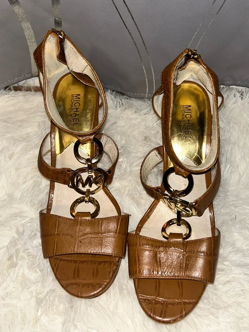 Gorgeous MICHAEL Michael Kors Brown Leather Logo-Detail Wedge-Heels